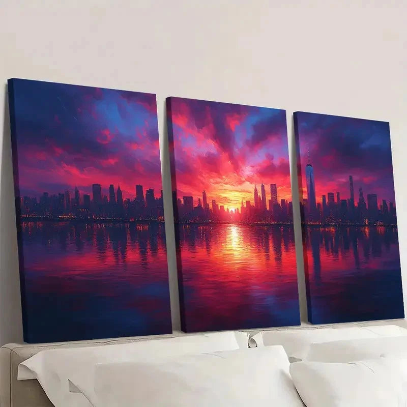 3pcs Urban Glow Sunset City Triptych CG   Wall Art Set Canvas Framed 60x90cm - High Quality Print 100% Australian Made Wall Canvas Ready to Hang - Bella Home Decor