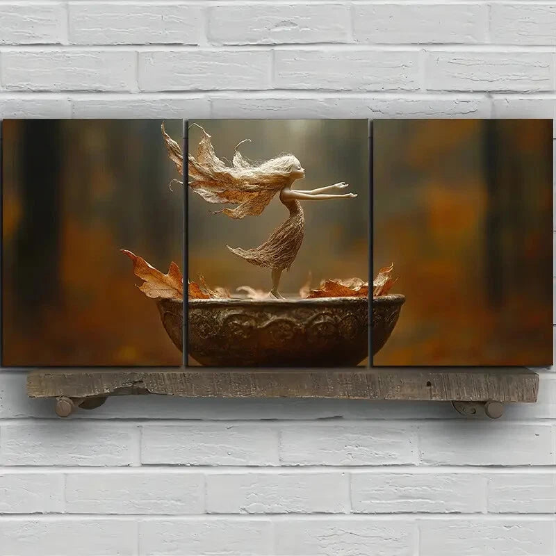 3pcs The Leaf Girl Dancing Golden Leaves Metal Print Ready to Hang Art - Bella Home Decor