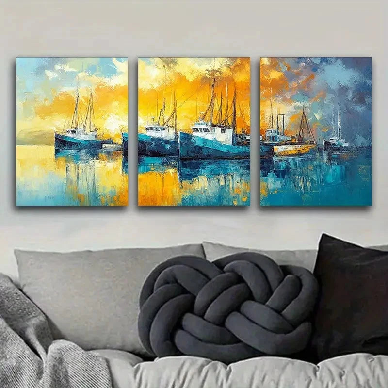 3pcs Boats on the Pier Suitable BPS Wall Art Canvas Framed 40x60cm - High Quality Print 100% Australian Made Wall Canvas Ready to Hang - Bella Home Decor