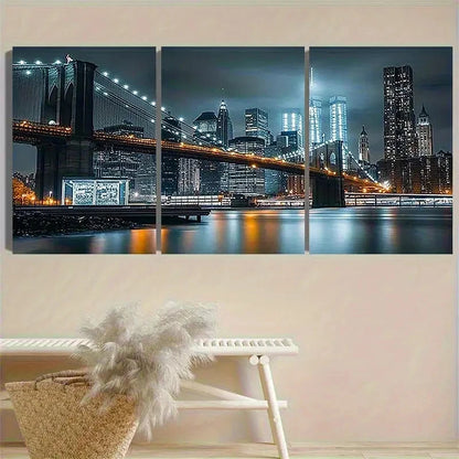 3pcs New York City Bridge Night Photograph Wall Art Set Canvas Framed 60x90cm - High Quality Print 100% Australian Made Wall Canvas Ready to Hang