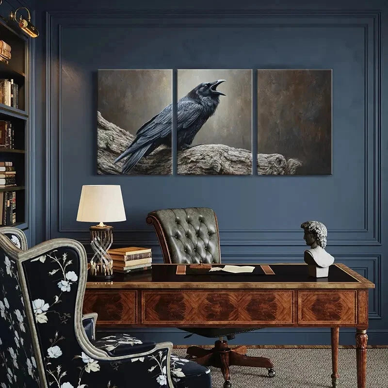 3pcs Artistic Raven Perched On Tree Branch Metal Print Ready to Hang Art - Bella Home Decor