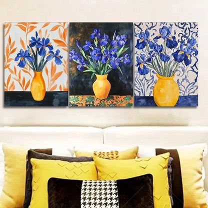 3pcs Blue Irises in Yellow Vases Triptych Wall Art Set Canvas Framed 40x60cm - High Quality Print 100% Australian Made Wall Canvas Ready to Hang - Bella Home Decor