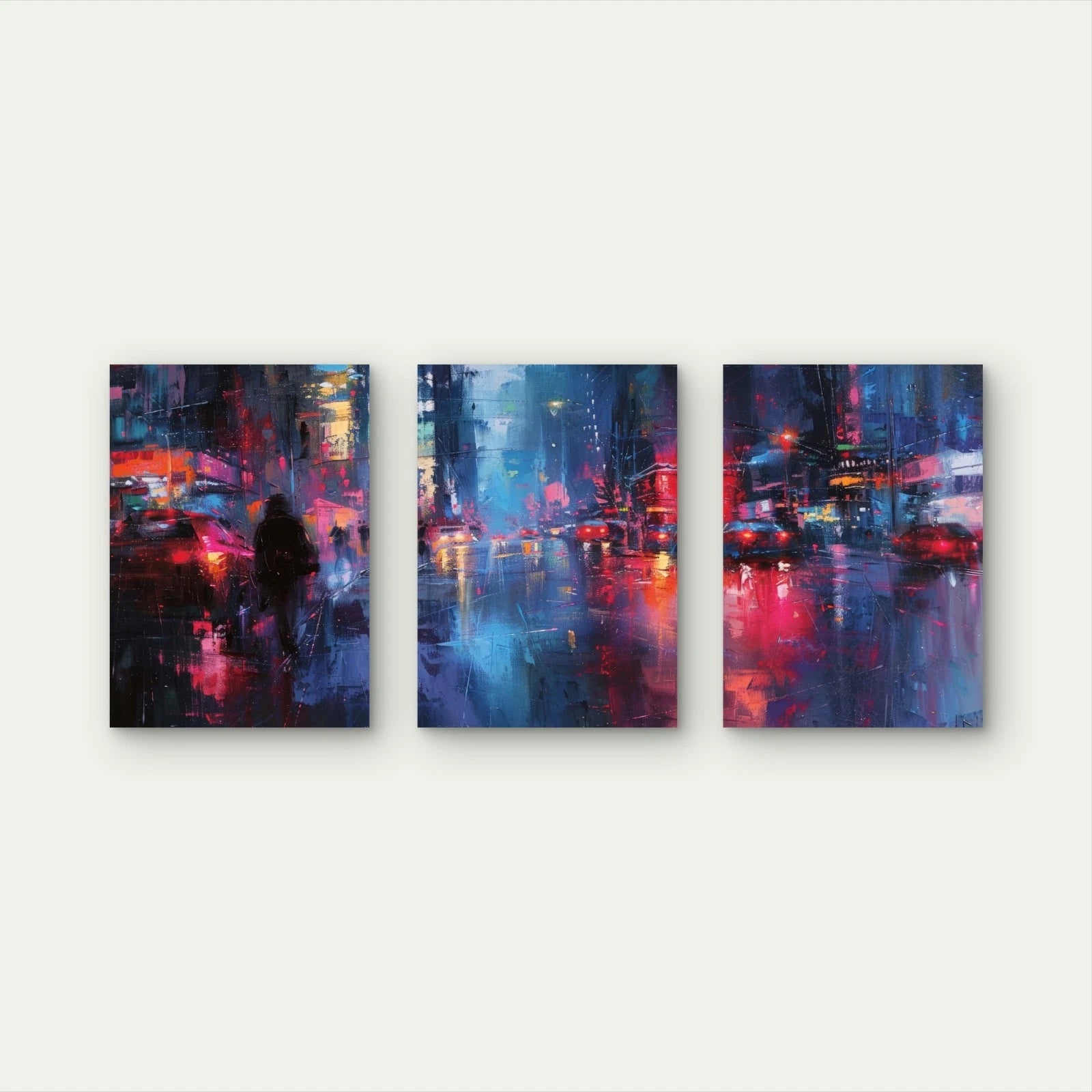 3pcs Neon Lights Reflection On Wet Streets Wall Art Set Canvas Framed 40x60cm - High Quality Print 100% Australian Made Wall Canvas Ready to Hang - Bella Home Decor