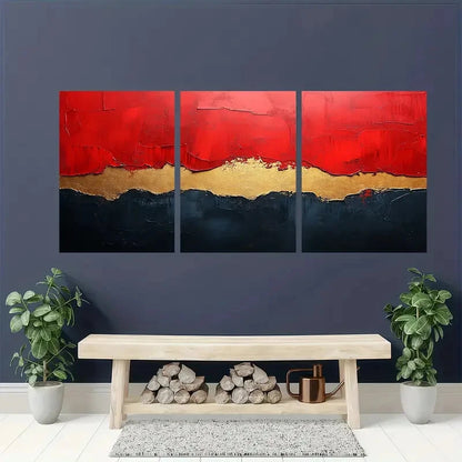 3pcs Abstract Red Beige & Black Textured Metal Print Ready to Hang Art - Bella Home Decor