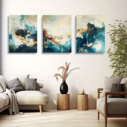 3pcs Abstract Blue and Golden Wave Painting Metal Print Ready to Hang Art - Bella Home Decor