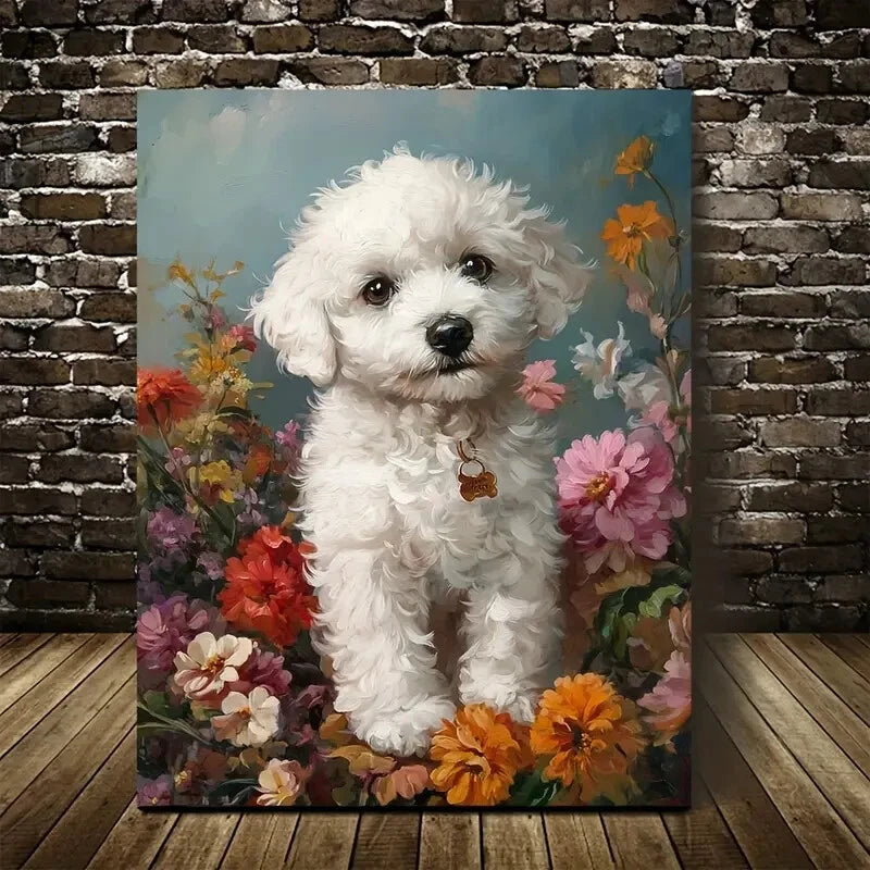 Cute Bichon Frise Puppy with Vibrant Flowers Painting 40x60cm Metal Print Ready to Hang - Bella Home Decor