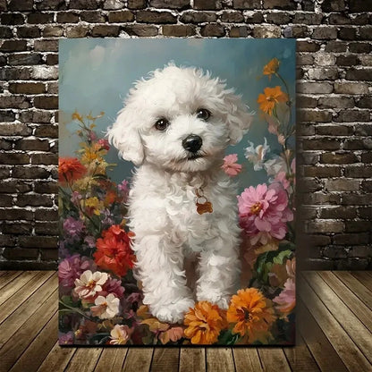 Cute Bichon Frise Puppy with Vibrant Flowers Painting 40x60cm Metal Print Ready to Hang - Bella Home Decor