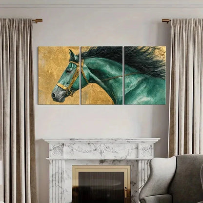 3pcs Turquoise Horse Golden Bridle Dynamic Metal Print Ready to Hang Art - Bella Home Decor