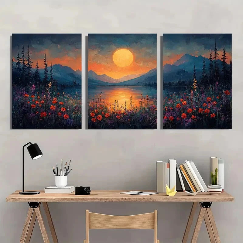 3pcs Moonlit Meadow Wildflower Paintings Metal Print Ready to Hang Art - Bella Home Decor