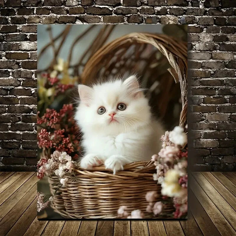 Cute Persian Cat Kitten with Flowers in Wicker Basket 40x60cm Metal Print Ready to Hang