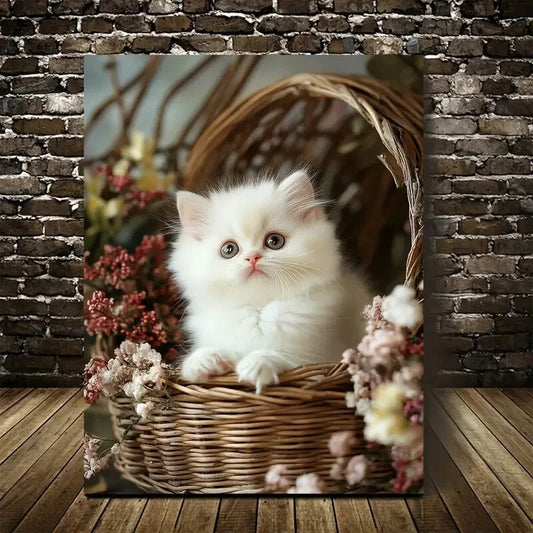 Cute Persian Cat Kitten with Flowers in Wicker Basket  40x60cm Metal Print Ready to Hang - Bella Home Decor
