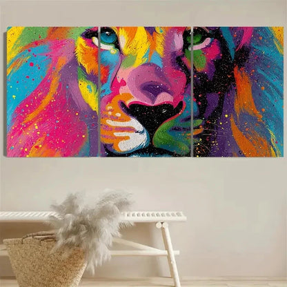 3pcs Lion Colorful Modern Splatter Drip Wall Art Set Canvas Framed 60x90cm - High Quality Print 100% Australian Made Wall Canvas Ready to Hang