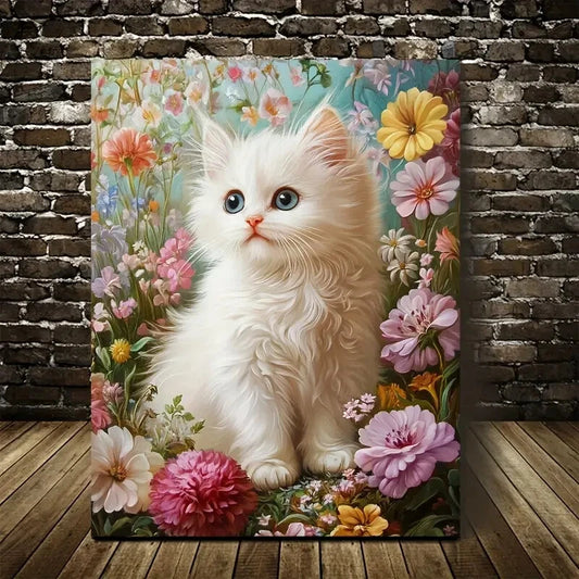 Adorable Persian Kitten with Vibrant Flowers Painting 40x60cm Metal Print Ready to Hang - Bella Home Decor