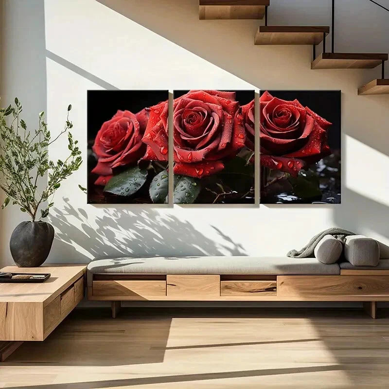 3pcs Set of Elegant Red Roses with Dew Drops Metal Print Ready to Hang Art - Bella Home Decor