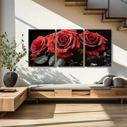 3pcs Set of Elegant Red Roses with Dew Drops Metal Print Ready to Hang Art - Bella Home Decor
