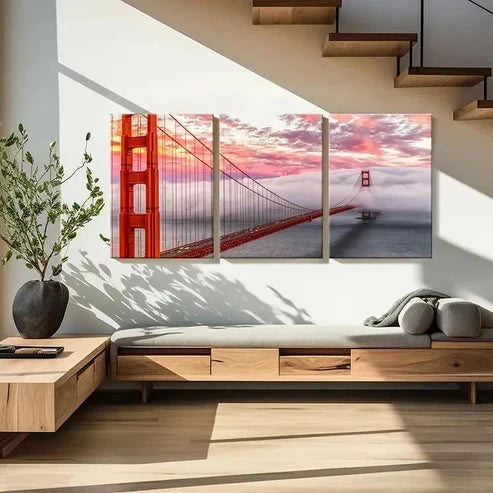 3pcs Golden Gate Bridge at Sunset Wall Art Canvas Unframed - High Quality Print 100% Australian Made Wall Canvas - Bella Home Decor