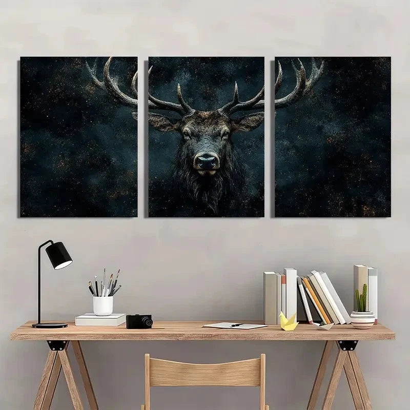 3pcs Buck Wildness Black Dark Themed Wall Art Set Canvas Framed 60x90cm - High Quality Print 100% Australian Made Wall Canvas Ready to Hang