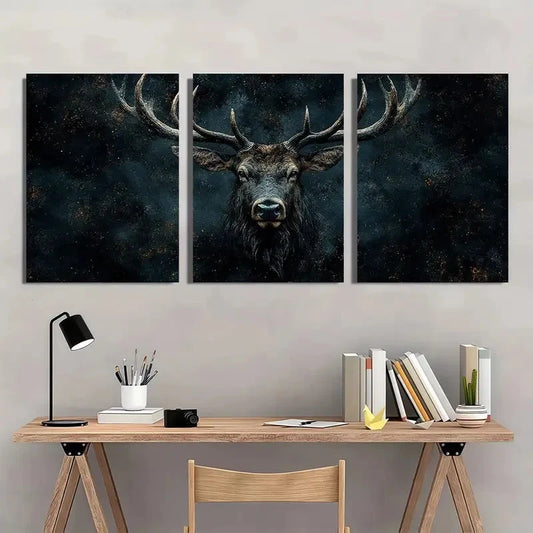 3pcs Buck Wildness Black Dark Themed Wall Art Set Canvas Framed 60x90cm - High Quality Print 100% Australian Made Wall Canvas Ready to Hang