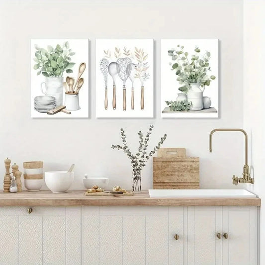 3pcs Eucalyptus Leaves Plant Dining Metal Print Ready to Hang Art