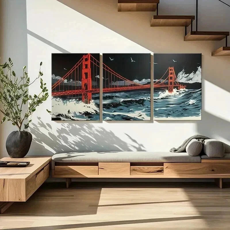 3pcs Golden Gate Bridge Stormy Sea Night Sky Wall Art Set Canvas Framed 60x90cm - High Quality Print 100% Australian Made Wall Canvas Ready to Hang - Bella Home Decor