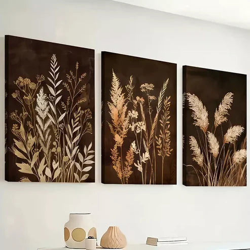 3pcs Retro style grass dry flowers Brownish Wall Art Set Wall Art Canvas Unframed - High Quality Print 100% Australian Made Wall Canvas