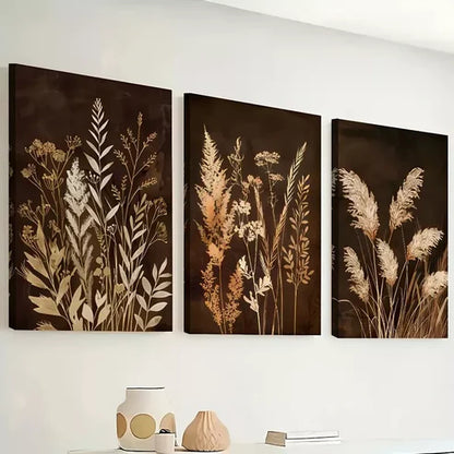 3pcs Retro style grass dry flowers Brownish Wall Art Set Wall Art Canvas Unframed - High Quality Print 100% Australian Made Wall Canvas