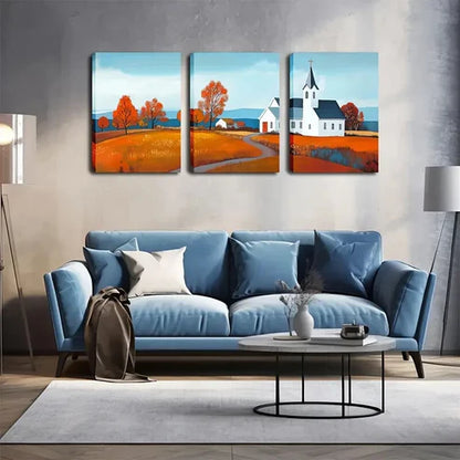 3pcs Countryside Scene with Church & Orange Wall Art Canvas Unframed - High Quality Print 100% Australian Made Wall Canvas - Bella Home Decor