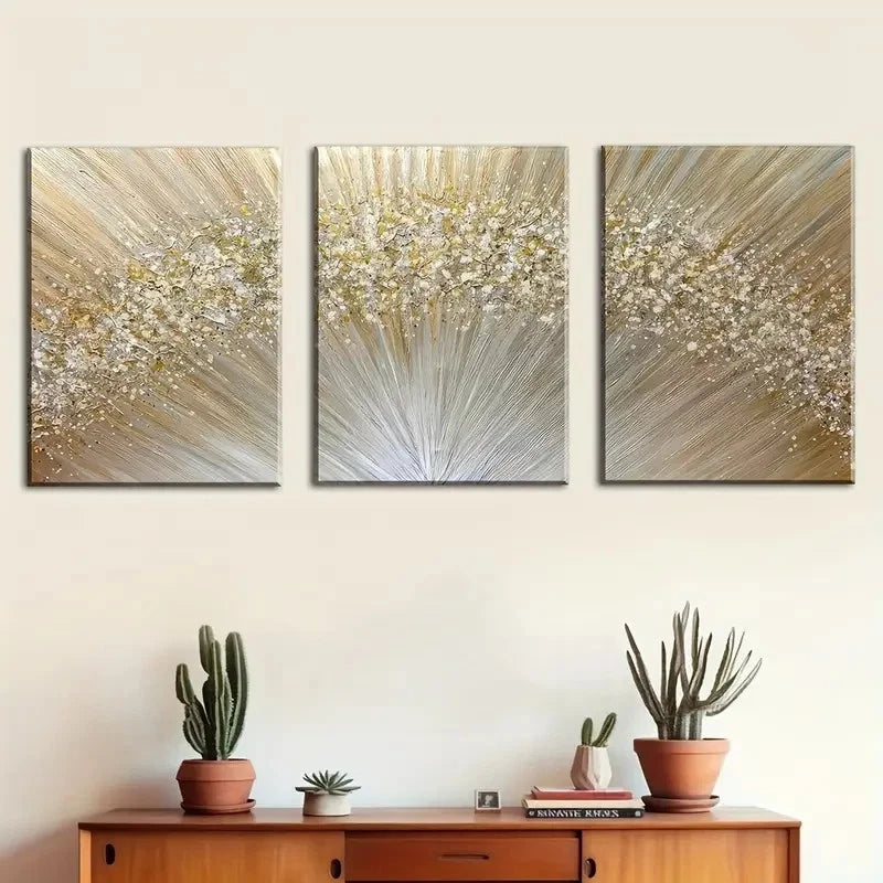 3pcs Golden Abstract Light Paintings Metal Print Ready to Hang Art - Bella Home Decor