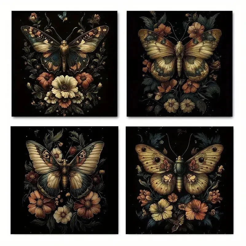 4pcs Butterflies & Flowers, Wall Art Canvas Framed