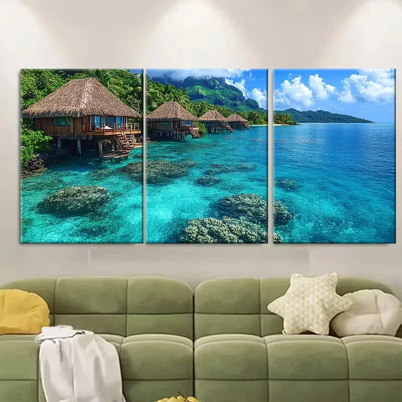 3pcs Coral Reef Bungalows Metal Print Ready to Hang Art - Bella Home Decor