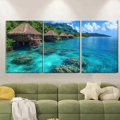 3pcs Coral Reef Bungalows Metal Print Ready to Hang Art - Bella Home Decor