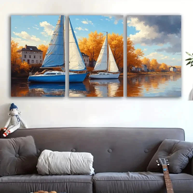 3pcs Sailboat Float Wall Art Set Canvas Framed 50x70cm - High Quality Print 100% Australian Made Wall Canvas Ready to Hang