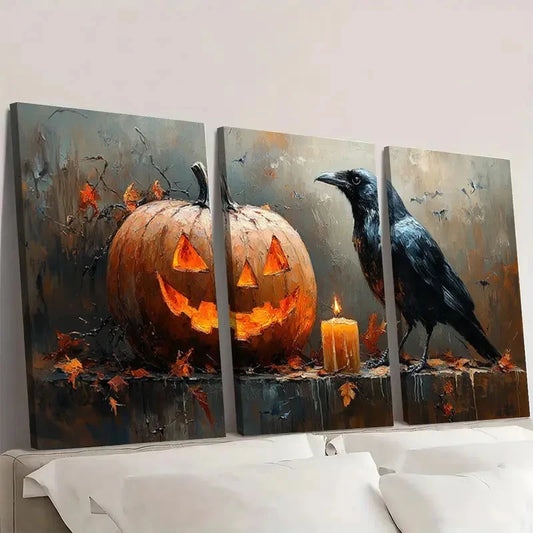 3pcs Halloween Pumpkin & Crow ER Wall Art Set Canvas Framed 50x70cm - High Quality Print 100% Australian Made Wall Canvas Ready to Hang