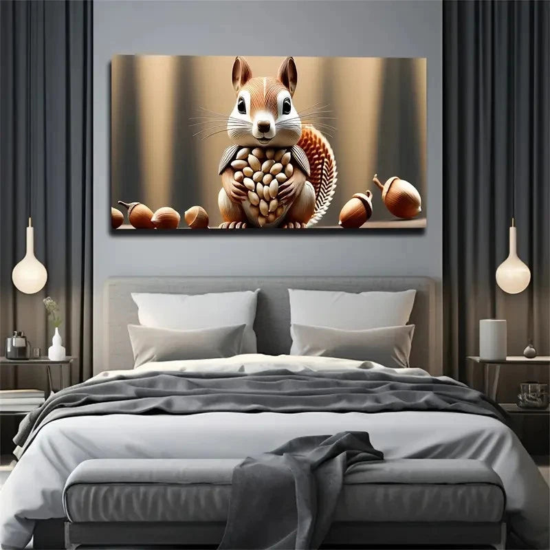 Squirrel Pine Cone Fun Wall Art Canvas Office Home Room Framed 120x60cm