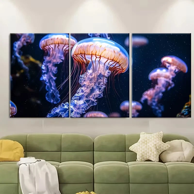 3pcs Ethereal Deep Sea Jellyfish Metal Print Ready to Hang Art - Bella Home Decor