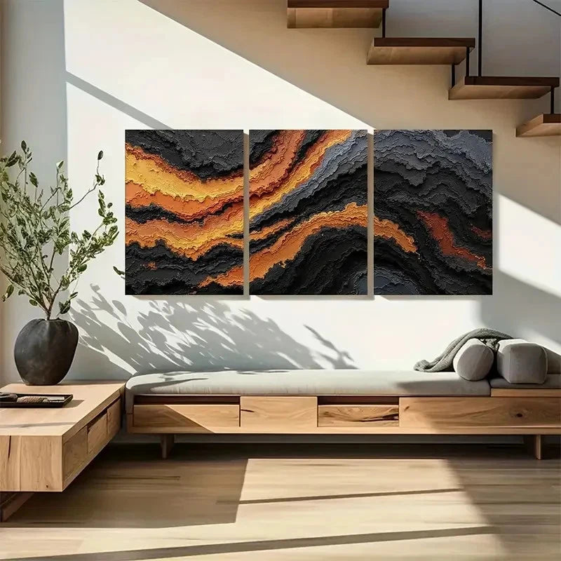 3pcs Black Golden & Burnt Orange Wall Art Metal Print Ready to Hang Art - Bella Home Decor