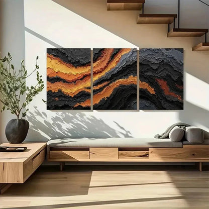 3pcs Black Golden & Burnt Orange Wall Art Metal Print Ready to Hang Art - Bella Home Decor