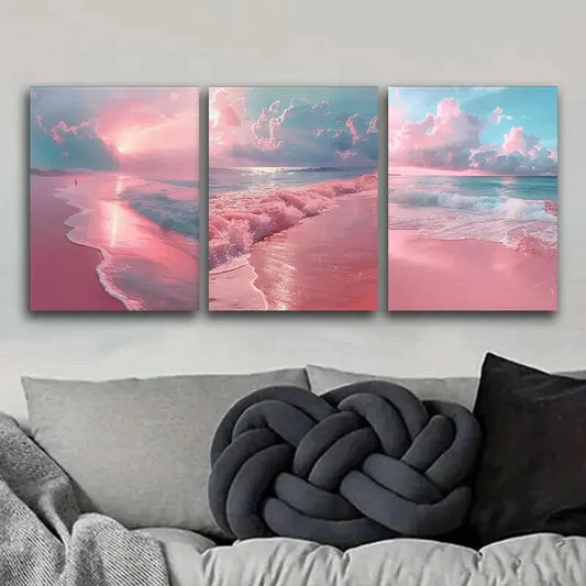 3pcs Set Pink Sandy Beach Decor Wall Art Set Canvas Framed 40x60cm - High Quality Print 100% Australian Made Wall Canvas Ready to Hang