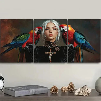 3pcs Colorful Parrots And Girls Wall Art Set Canvas Unframed - High Quality Print 100% Australian Made Wall Canvas - Bella Home Decor