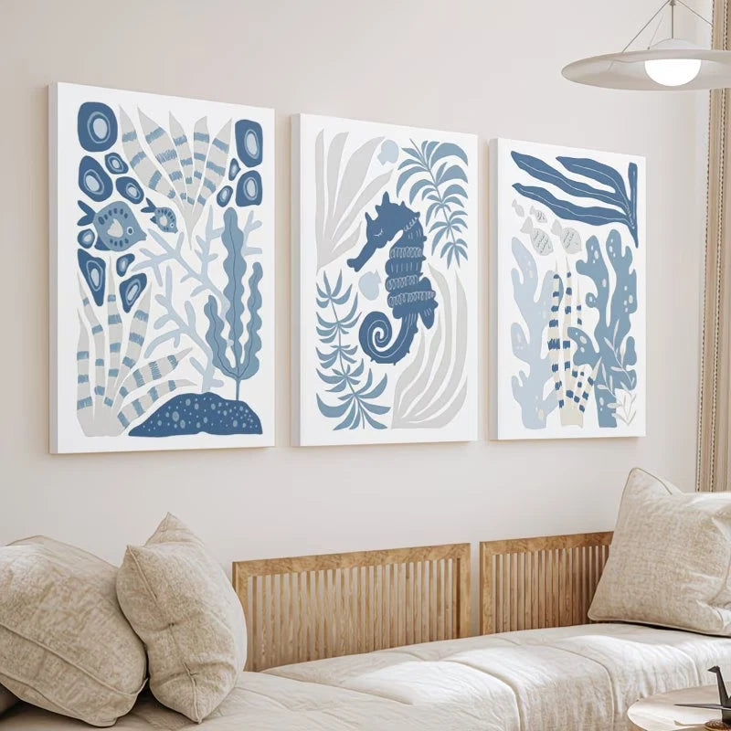 3pcs Blue Gray Underwater Ocean Scene Wall Art Set Canvas Framed 40x60cm - High Quality Print 100% Australian Made Wall Canvas Ready to Hang - Bella Home Decor
