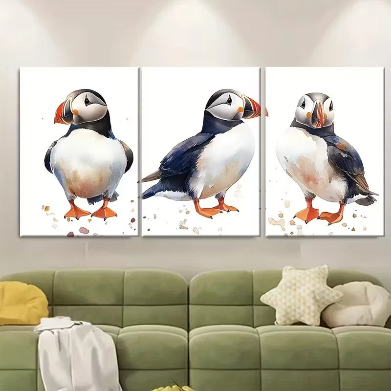 3pcs Puffin Birds Watercolor Metal Print Ready to Hang Art