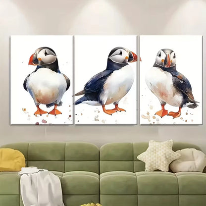3pcs Puffin Birds Watercolor Metal Print Ready to Hang Art