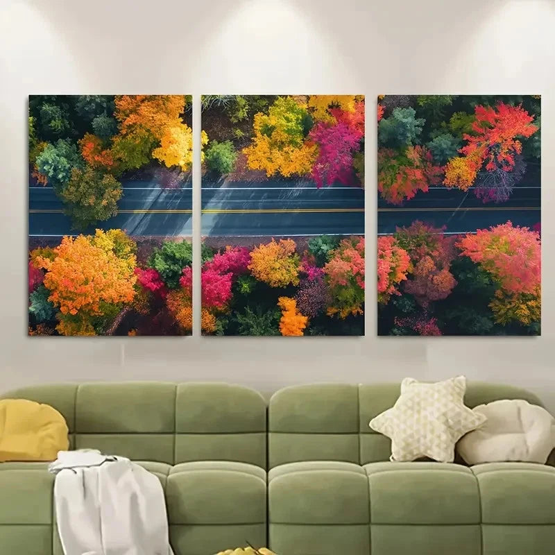 3pcs Country Road Through Autumn Foliage Metal Print Ready to Hang Art - Bella Home Decor