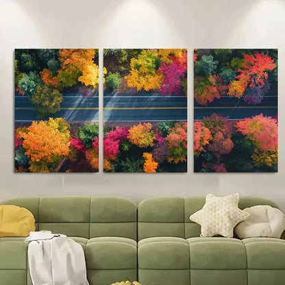 3pcs Country Road Through Autumn Foliage Metal Print Ready to Hang Art - Bella Home Decor