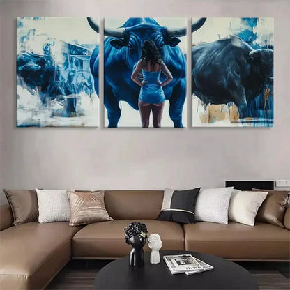 3pcs Powerful Blue Bull Confident Woman Wall Art Canvas Unframed - High Quality Print 100% Australian Made Wall Canvas