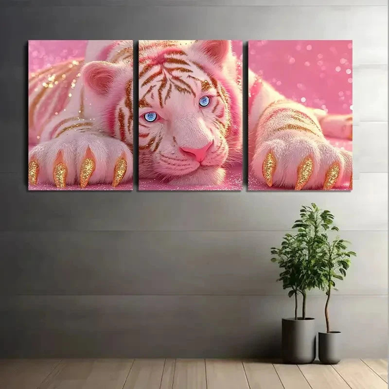 3pcs Cute White Tiger in Pink Background Metal Print Ready to Hang Art - Bella Home Decor