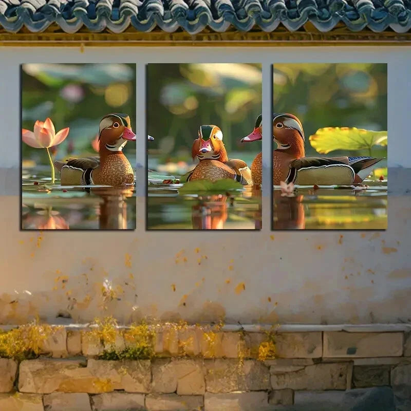 3pcs Mandarin Ducks Glide on The Water Surface Metal Print Ready to Hang Art - Bella Home Decor