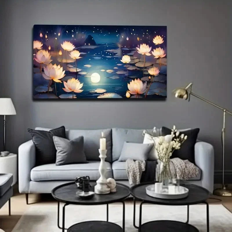Lotus Pond Moonlight Wall Art Canvas Office Home Room Framed 120x60cm