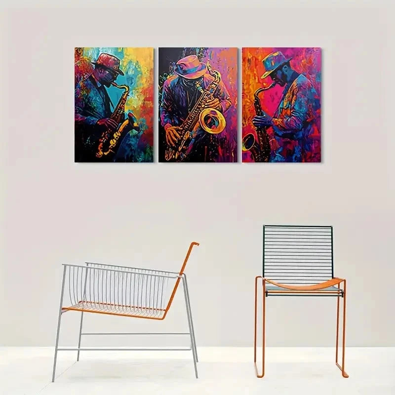 3pcs Abstract Jazz Musician Colorful Saxophone Metal Print Ready to Hang Art - Bella Home Decor