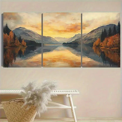 3pcs Sunrise Over Mountain Lake Wall Art Set Canvas Framed 60x90cm - High Quality Print 100% Australian Made Wall Canvas Ready to Hang